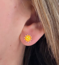 Load image into Gallery viewer, model wearing sterling silver yellow sun studs