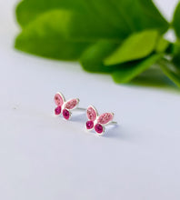 Load image into Gallery viewer, small pink sparkly sterling silver butterfly studs