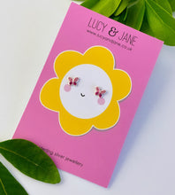 Load image into Gallery viewer, small pink sterling silver butterfly studs on cute daisy desing card