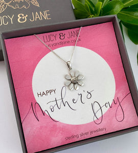 sterling silver daisy necklace on a Mother's Day card 