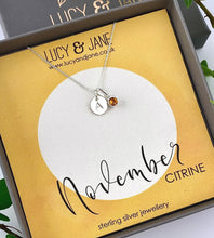 Load image into Gallery viewer, sterling silver initial birthstone necklace for November