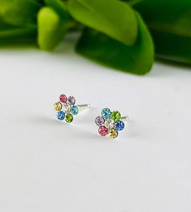 sterling silver sparkly flower studs in a rainbow of colours.  Lovely small studs for children