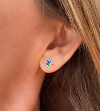 Load image into Gallery viewer, sterling silver rainbow studs on models ear