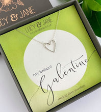 Load image into Gallery viewer, sterling silver simple heart necklace on a galentine card