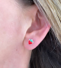 Load image into Gallery viewer, sterling silver red strawberry studs in model&#39;s ear