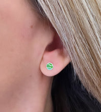 Load image into Gallery viewer, sterling silver green tennis ball earrings in model&#39;s ear