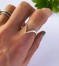 Load image into Gallery viewer, sterling silver wishbone ring poniting down on a model&#39;s finger