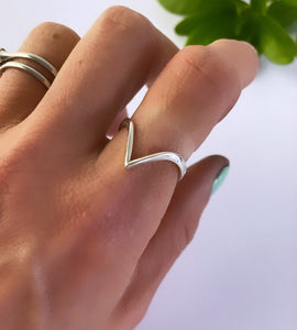 sterling silver wishbone ring poniting down on a model's finger