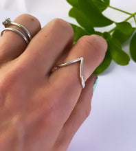 Load image into Gallery viewer, sterling silver wishbone ring poniting down upwards  on a model&#39;s finger