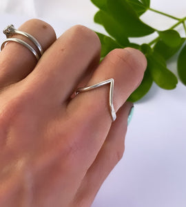 sterling silver wishbone ring poniting down upwards  on a model's finger