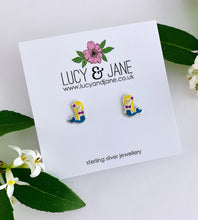 Load image into Gallery viewer, sterling silver mermaid studs in yellow and blue.  Perfect studs for children