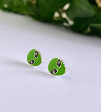 Load image into Gallery viewer, sterling silver green alien ear studs for Halloween