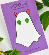 Load image into Gallery viewer, sterling silver small alien earrings on a Halloween backing card