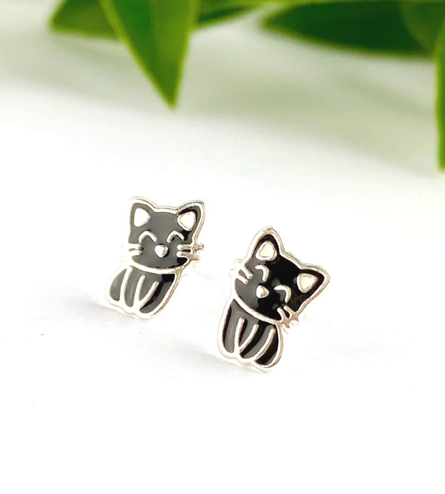 Sterling Silver Cute Black Cat Studs