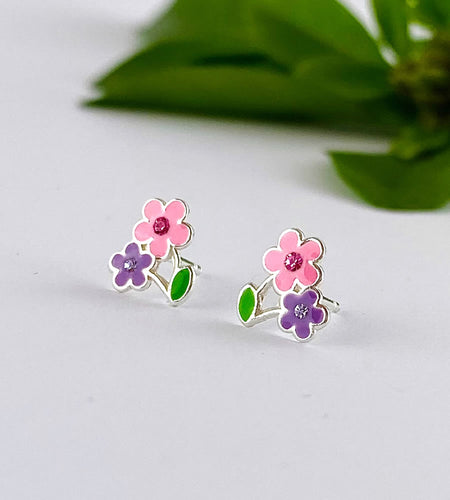 sterling silver bunch of flower stud earrings in pink purple and green