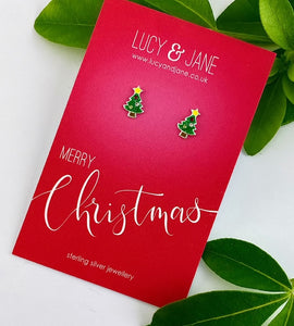 sterling silver christmas tree studs on a 'merry Christmas' card