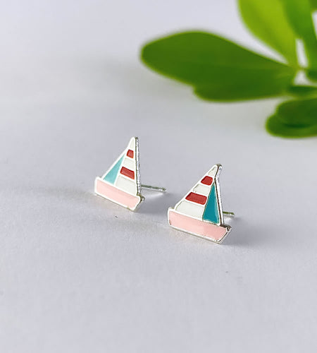 sterling silver sailboat earrings with pink, blue and red colours