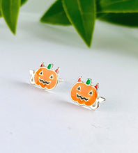 Load image into Gallery viewer, sterling silver devil pumpkin studs for Halloween