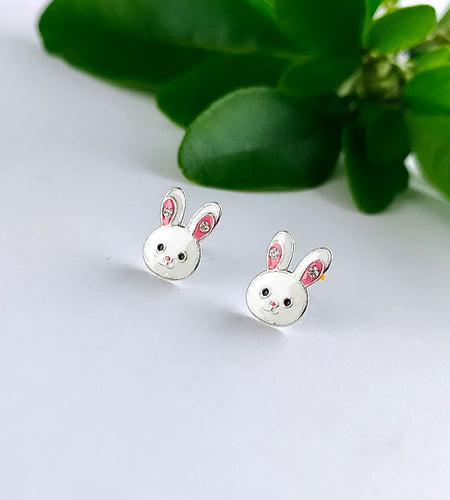 cute sterling silve bunny studs in white with a touch of pink