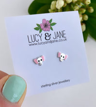 Load image into Gallery viewer, sterling silver elephant head ear studs with pink detailing on the ears