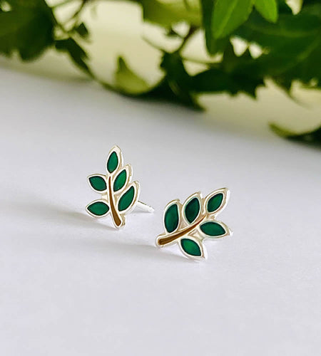 sterling silver green leaf studs