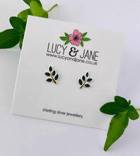 Load image into Gallery viewer, sterling silver green leaf stud earrings on white backing card