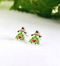 Load image into Gallery viewer, Sterling silver studs of frogs wearing little witch hats, cute Halloween earrings for kdis