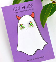 Load image into Gallery viewer, sterling silver witch frog studs on a Halloween backing card.