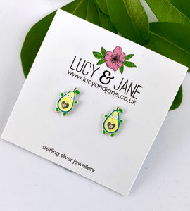 sterling silver avocado earrings on a Lucy and Jane card