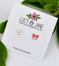 Load image into Gallery viewer, sterling silver mismatched pink and white butterflya and flower studs