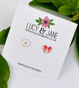 sterling silver mismatched pink and white butterflya and flower studs