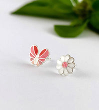 Load image into Gallery viewer, mismatched sterling silver earrings - pink and white butterfly and flower