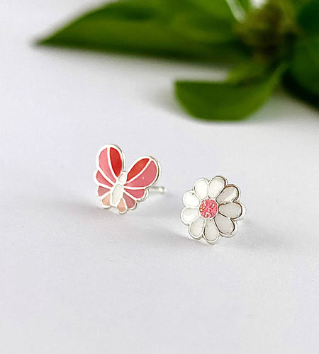 mismatched sterling silver earrings - pink and white butterfly and flower