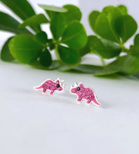 Load image into Gallery viewer, sterling silver pink sparkly dinosaur triceratops stud earrings