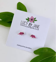 Load image into Gallery viewer, sterling silver pink triceratops dinosaur studs for children