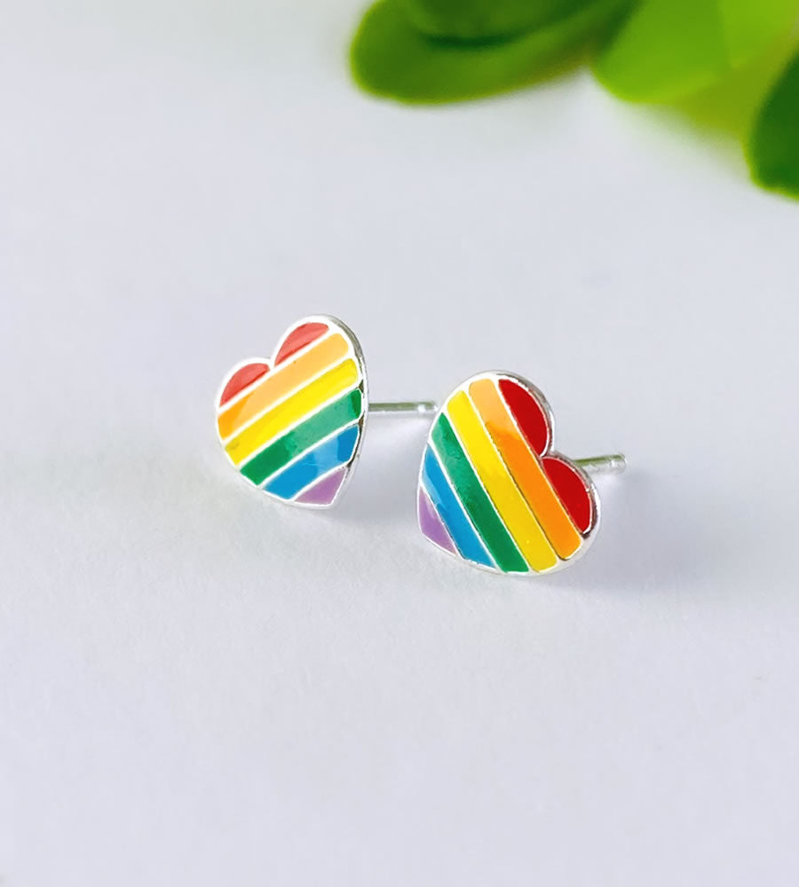 sterling silver rainbow heart stud earrings