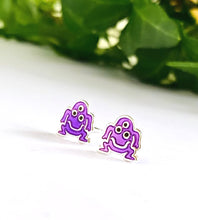 Load image into Gallery viewer, fun sterling silver purple monster stud earrings for kids