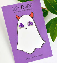 Load image into Gallery viewer, sterling silver monster studs on a Halloween backing card