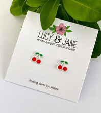 Load image into Gallery viewer, sterling silver red cherry studs on Lucy and Jane backing card