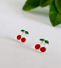 Load image into Gallery viewer, sterling silver bright red cherry studs