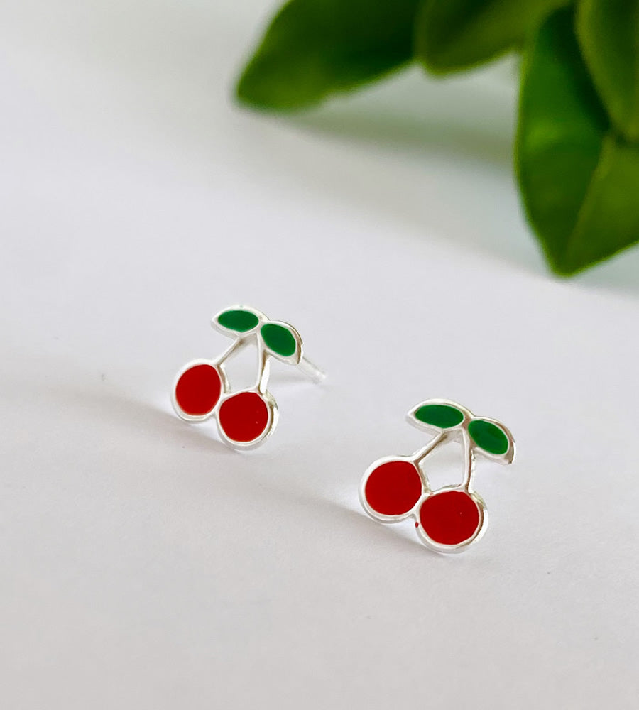 sterling silver bright red cherry studs