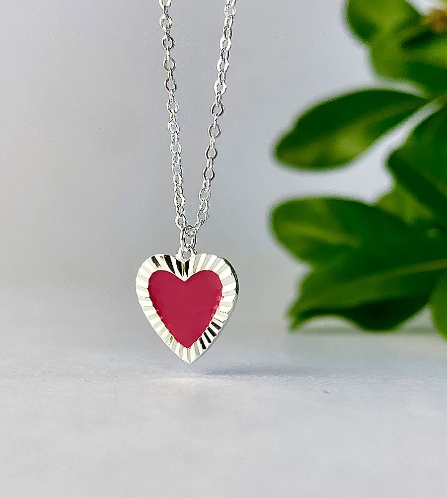 sterling silver red heart necklace with diamond cut finish