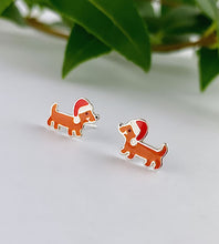 Load image into Gallery viewer, sterling silver sausage dog Christmas earrings