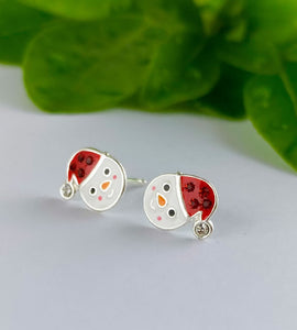 sterling silver snowmen studs for kids with a sparkly Santa hat