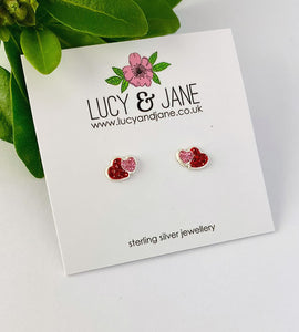 sterling silver sparkly pink and red stud earrings for Valentine's gift