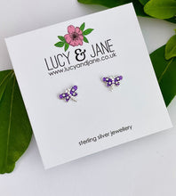 Load image into Gallery viewer, sterling silver purple sparkly dragonfly studs on Lucy and Jane earring card