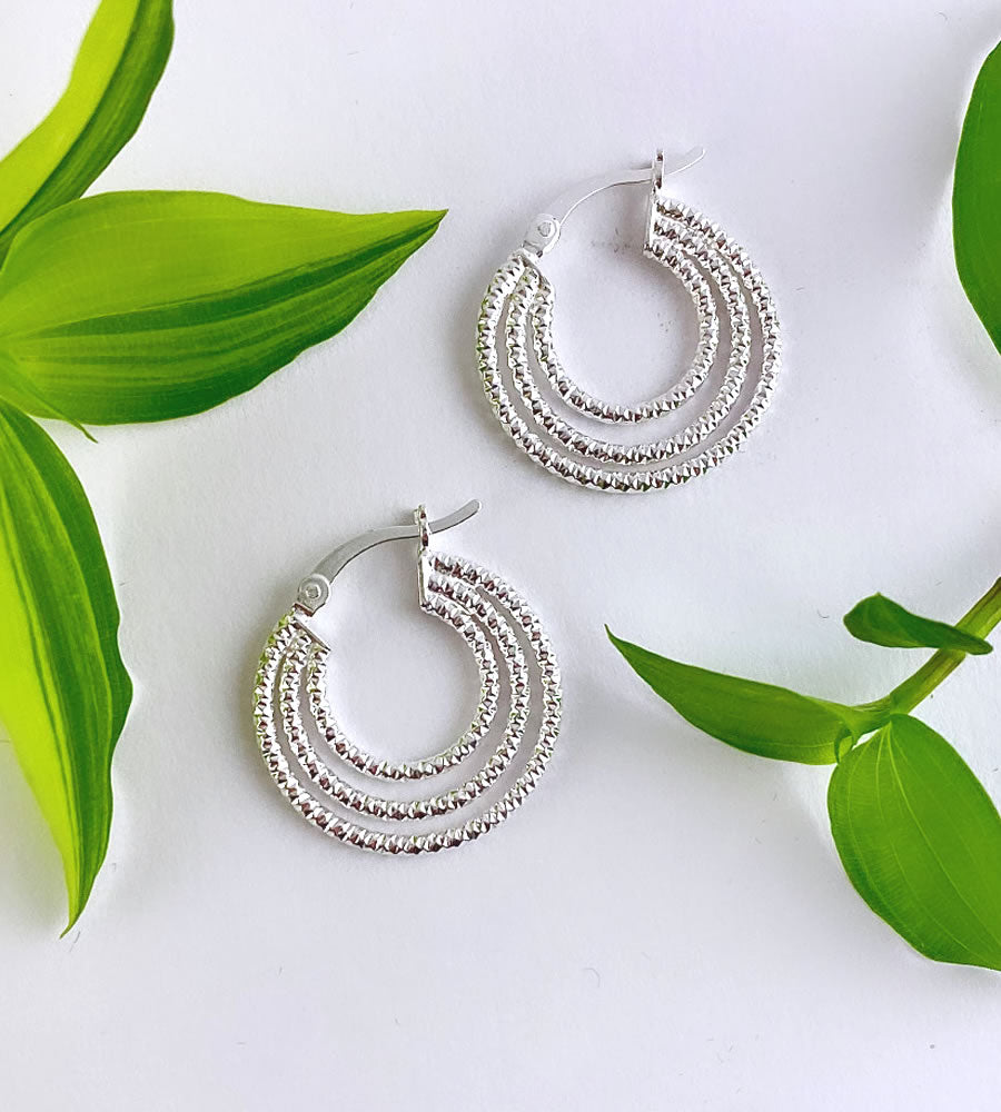 Sterling silver triple Hoops hot Earrings, Morden loop earring studs, unique designer earrings, Scandinavian Design Earrings