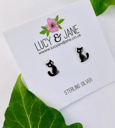 Sterling Silver Black Cat Earrings